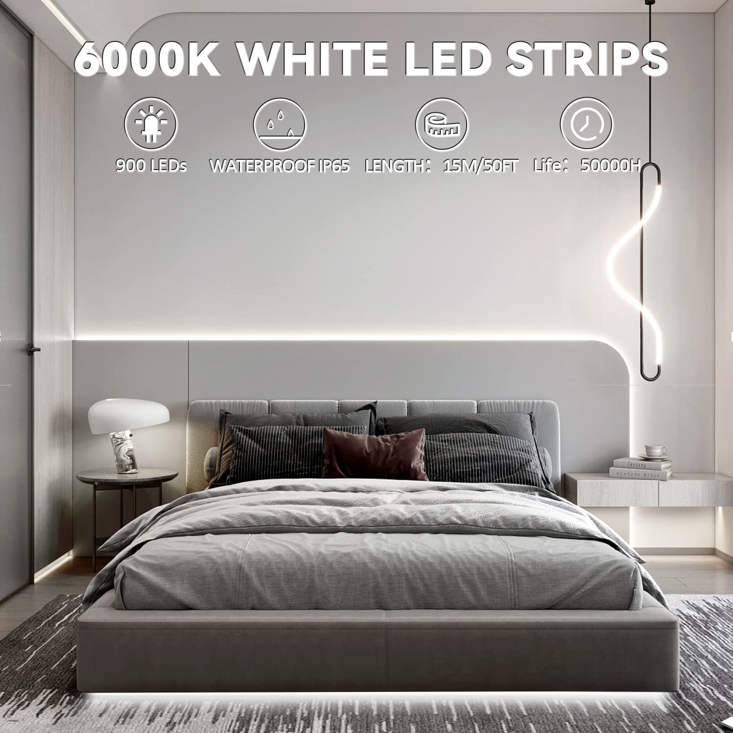GUOTONG 50ft Waterproof LED Strip Lights, 6000K Daylight White IP44 Tape Light, 15M 12V Rope Light Strong 3M Adhesive, for Home,Kitchen, Patio, Balcony, Party, Wedding, Indoor and Outdoor Decor