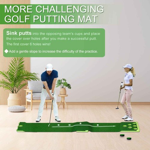 Sagsewful Golf Putting Game Set with Front Border for Indoor & Outdoor,Golf Putting Green Mat Include 4 Balls,1 Portable Bag,2 Flags&Cups,Practice Training Aid for Backyard,Party,Office