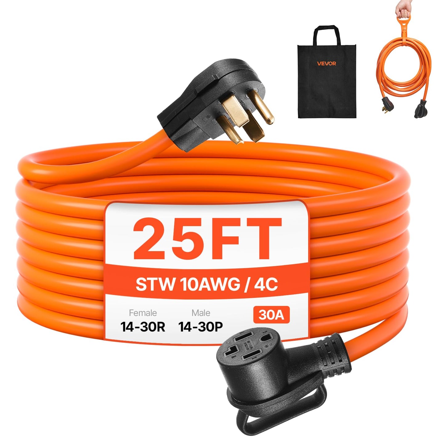 Vevor 25 Ft Dryer Extension Cord, 4-Prong Nema 14-30P To 14-30R Dryer Cord, 125V/250V, Stw 10Awg/4C, 30A, Pure Copper Wire Cable