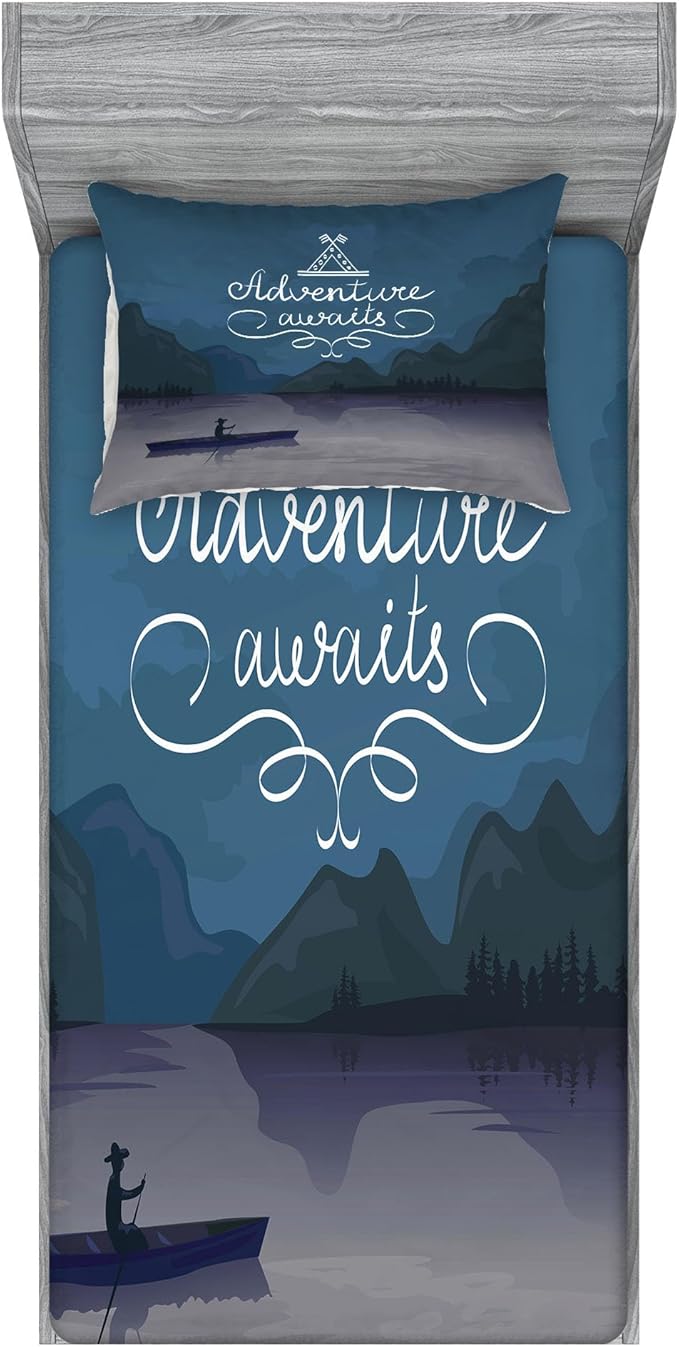 Ambesonne Saying Fitted Sheet & Pillow Sham Set, Kayak in a Mountain Lake at Night Camping Activity Lifestyle Adventure Wo...