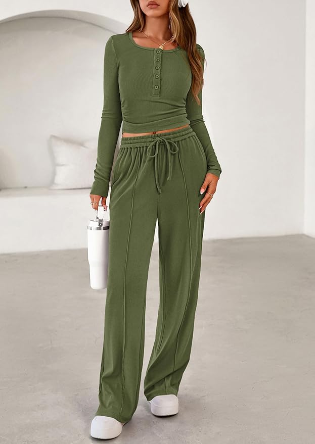 PRETTYGARDEN Women's 2026 Fall Trendy 2 Piece Outfits Lounge Sets Long Sleeve Top Henley Shirts Wide Leg Pants Travel Clothes