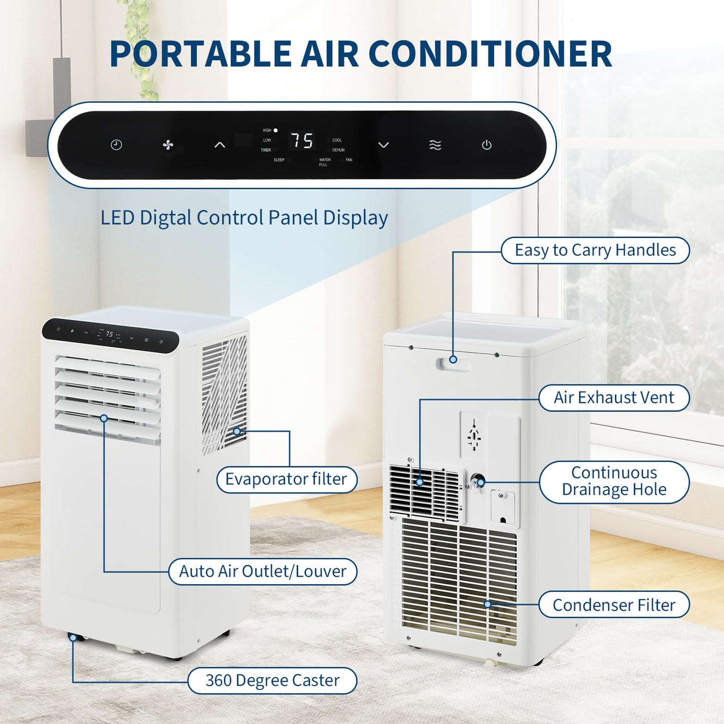 2025 New Model Portable Air Conditioner, 10000 Btu Air Conditioner Cool Up To 550 Sq.Ft, 3-In-1 Ac Unit, Dehumidifier, Fan, Wind