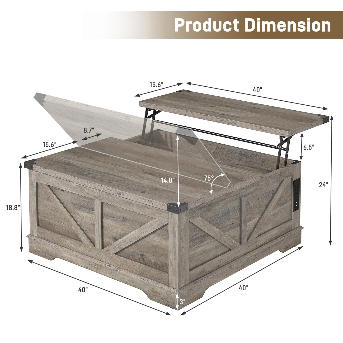 Hlivelood 40” Large Farmhouse Lift Top Coffee Table with Power Outlets and Large Hidden Storage, Square Wood Living Room Tables, Multi-Function Lift Wooden Barn Door Center Table, Grey