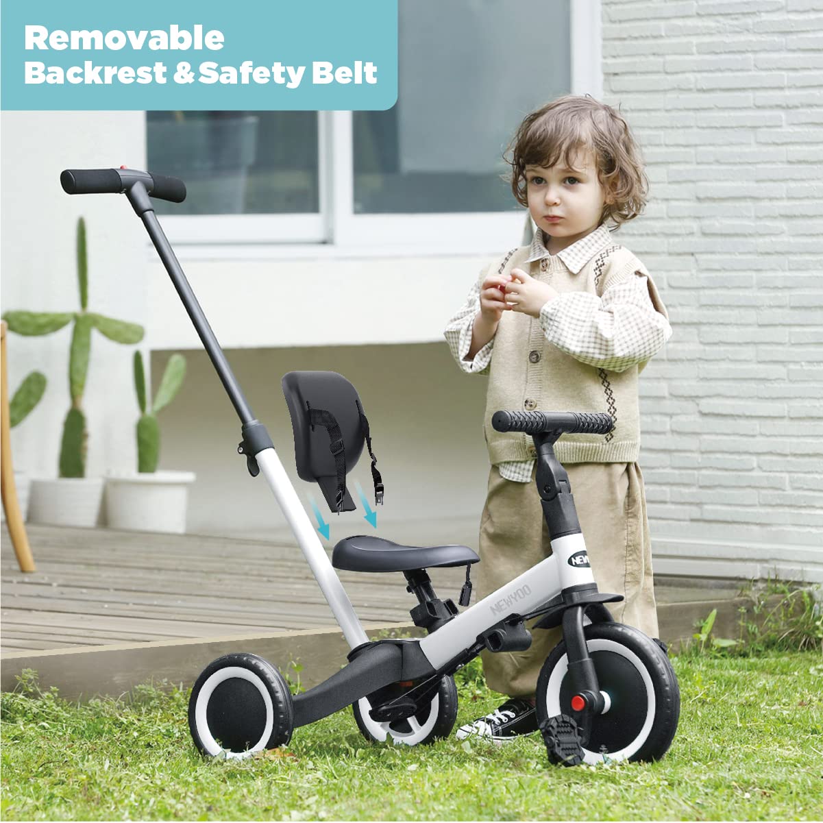 newyoo Toddler Bike, 4 in 1 Tricycles for 1,2,3 Year Olds, Balance Bike, Birthday Gift and Toy for Boys and Girls, Kids Tricycle with Parent Steering Push Handle, Removable Pedals, White, TR007