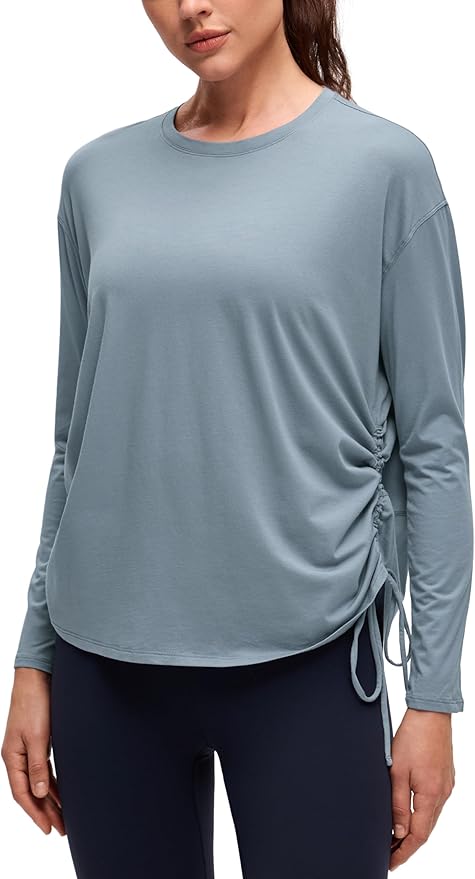 CRZ YOGA Pima Cotton Side Ruched Shirts for Women - Casual Workout Yoga Long Sleeve Tops Loose Crewneck Soft Comfort T-Shirts