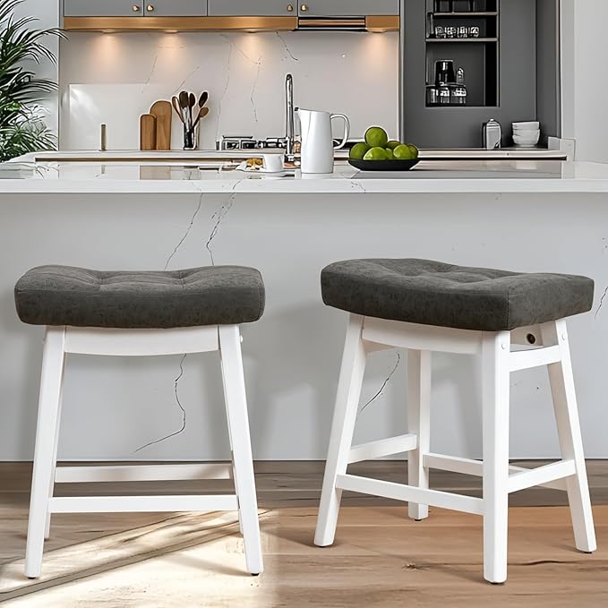 RNKSFX Counter Height Bar Stools Set of 2 for Kitchen Counter Farmhouse Modern Barstools with Faux Leather Upholstered Backless Seat and Solid Wood Legs 24 inch Bar Chairs, Grey + White