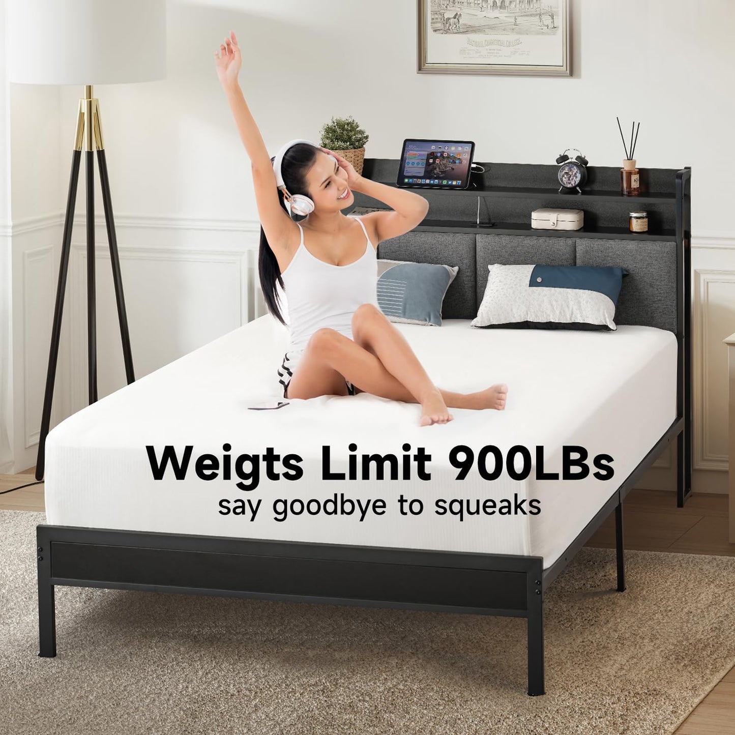 Z-hom Twin Bed Frames, Upholstered Upgraded Metal Bed Frame with LED Lights Headboard & Footboard, Bed Furniture with Charging Station Ports & Storage Shelves, Easy Assembly Bed Frame, Noise Free