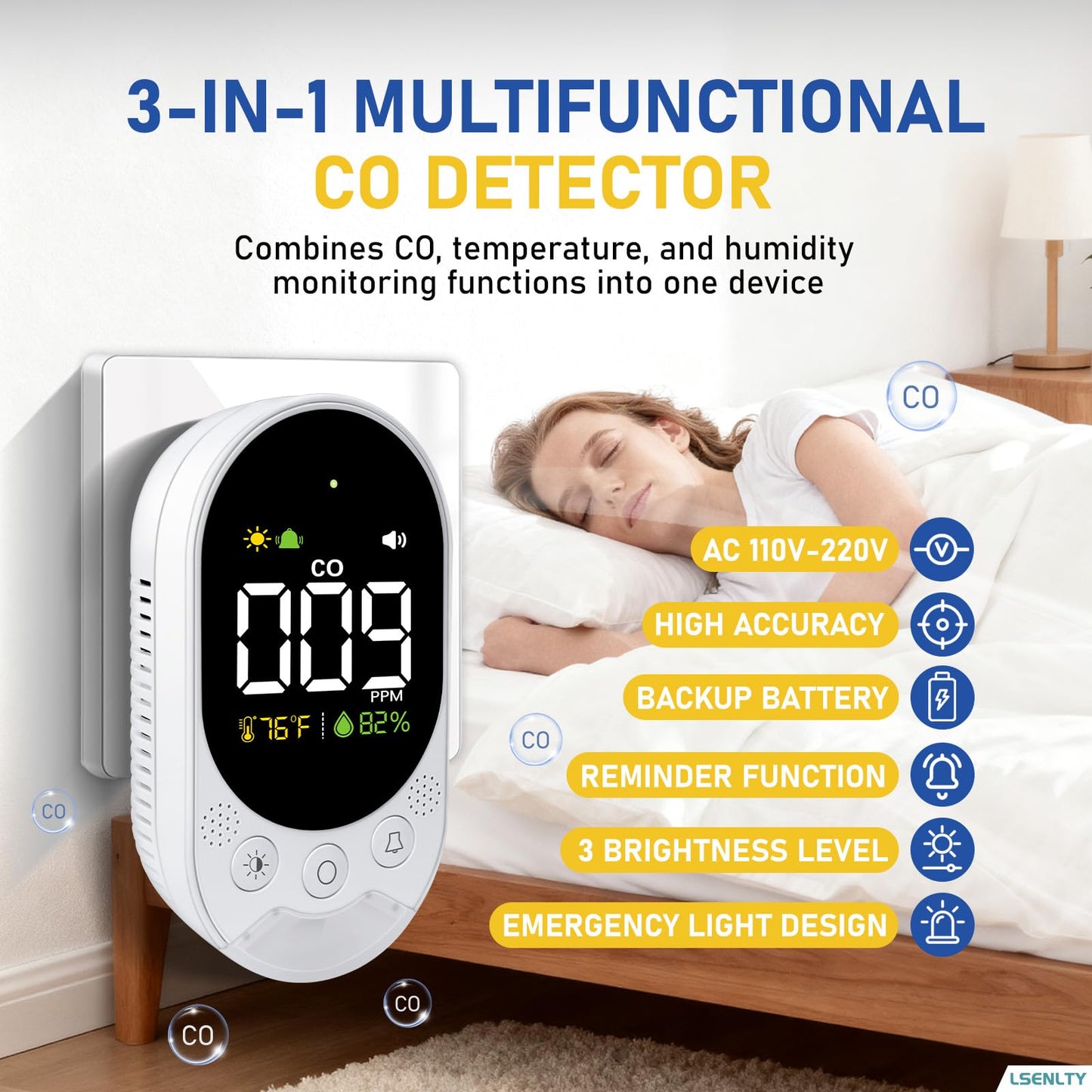 LSENLTY Portable Carbon Monoxide Detector with Battery, 2.7 Inch Large Screen Plug-in CO Detector, Lsenlty 3-in-1 Portable CO Detector (Temp and Hum), with Remind Function for RVs, Hotels, Travel