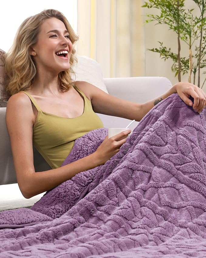 Cottonblue Jacquard Weighted Blanket 15lbs for Adults Twin Full Size, Soft Fuzzy Sherpa Fleece Weighted Throw Blankets 48x72 in for Relax and Sleep, Cozy Heavy Bed Blankets with Cemaric Beads, Purple