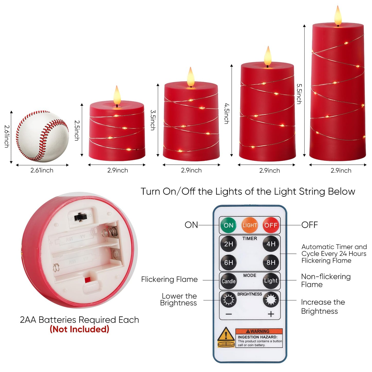 Raycare Flameless Candles with Remote Timer, Flickering Battery Operated LED Pillar Fake Candle with String Lights for Home Decor, Christmas, Wedding and Gift, Red, Set of 5