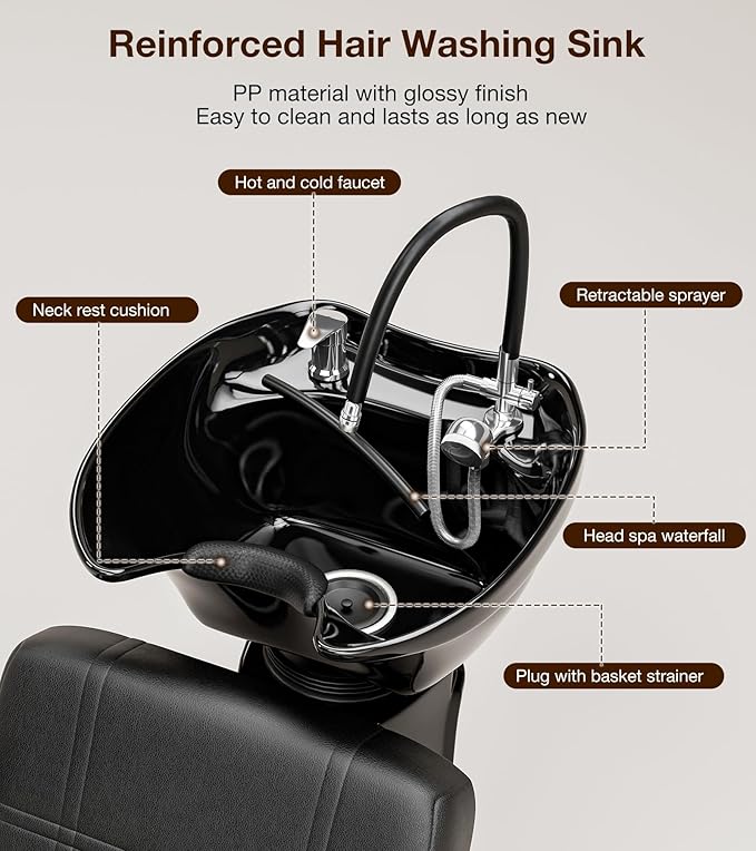SyyBhb Shampoo Chair and Bowl Set of 2 for Salon, Head Spa Waterfall and Sprayer, Tilting ABS Bowl, Distance Adjustable Seat, Barbershop Spa Equipment