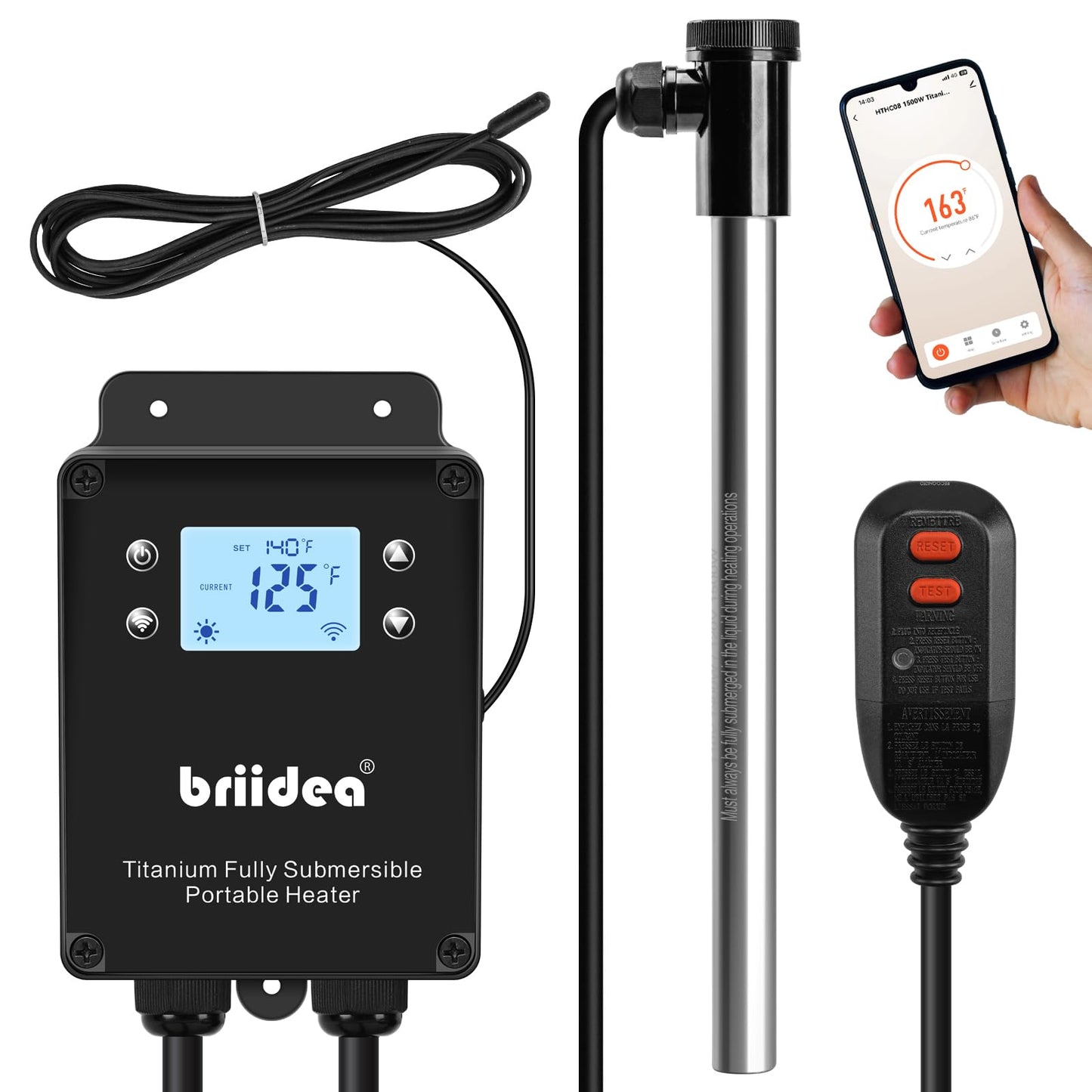 Briidea 120V 1500W WiFi Portable Electric Immersion Water Heater, Compatible with Smart Life APP, Compatible with Alexa, Google Assistant, Anti-Corrosion Sensor, Rapid Heating in Minutes