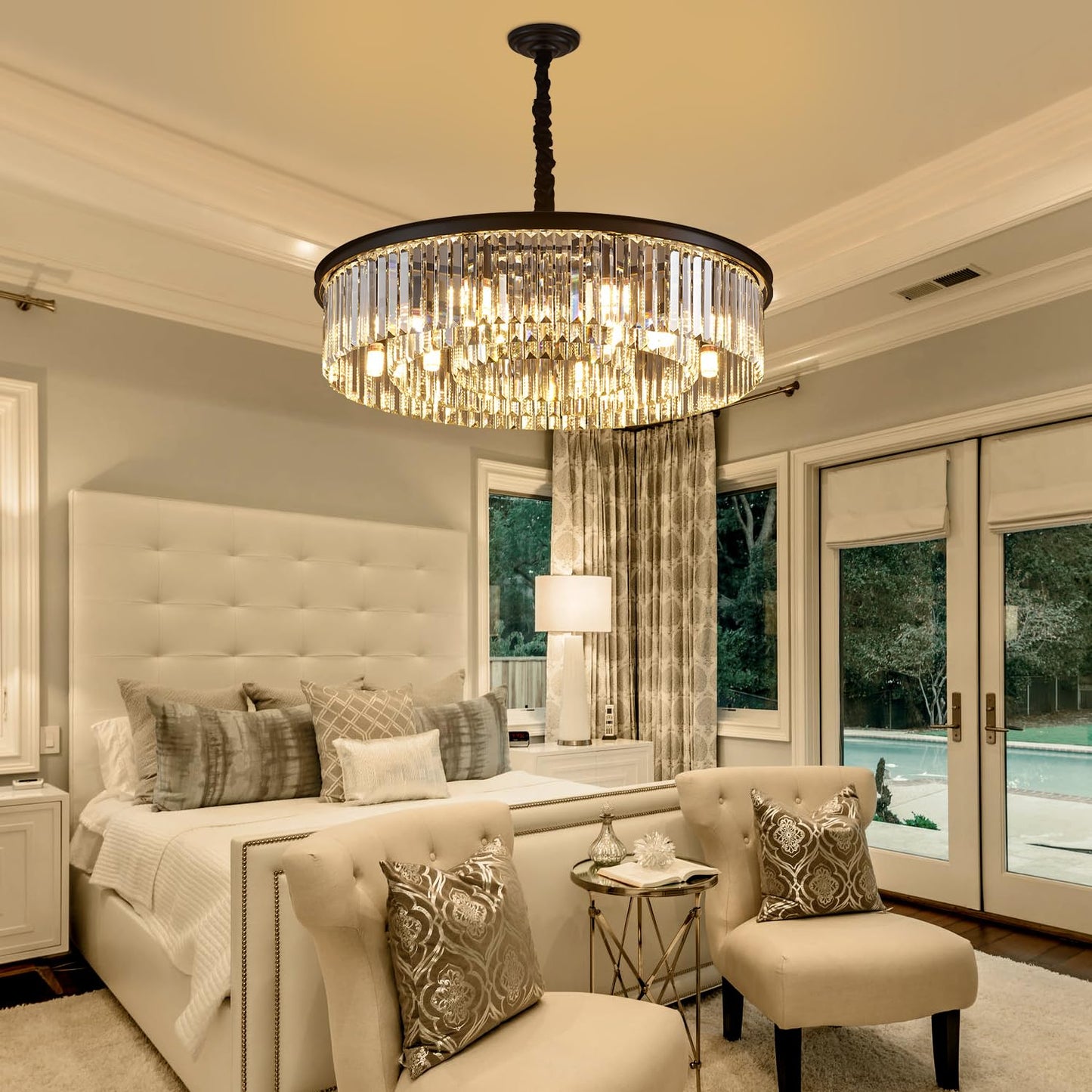 lighceac 31.5" 12-Light Modern Crystal Chandelier Light Fixtures 3 Rings Black Luxury Chandeliers for Living Room Glam Round Hanging Ceiling Pendant Lighting for Entryway Kitchen Bedroom Dining Room