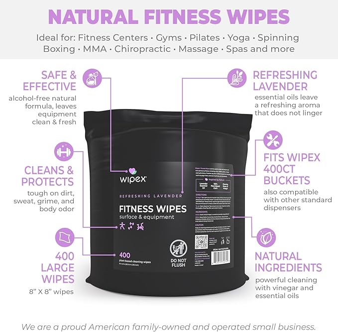 Wipex Gym Wipes Bucket Refill – Plant-based Fitness Equipment Wipes, Lavender and Vinegar to Clean Surfaces, Safe Yoga Mat Cleaner, Gym Cleaner and Peloton Bikes 400 Count (Pack of 2)