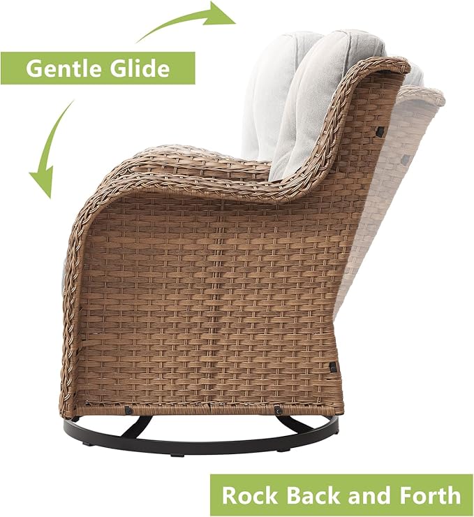 Rilyson Patio Chairs Wicker Outdoor Chair - 6 Piece Rattan Swivel Rocking Chairs Set Patio Glider Rocker Chair with Glass Top Side Table for Porch Deck Garden(Yellow/Beige)