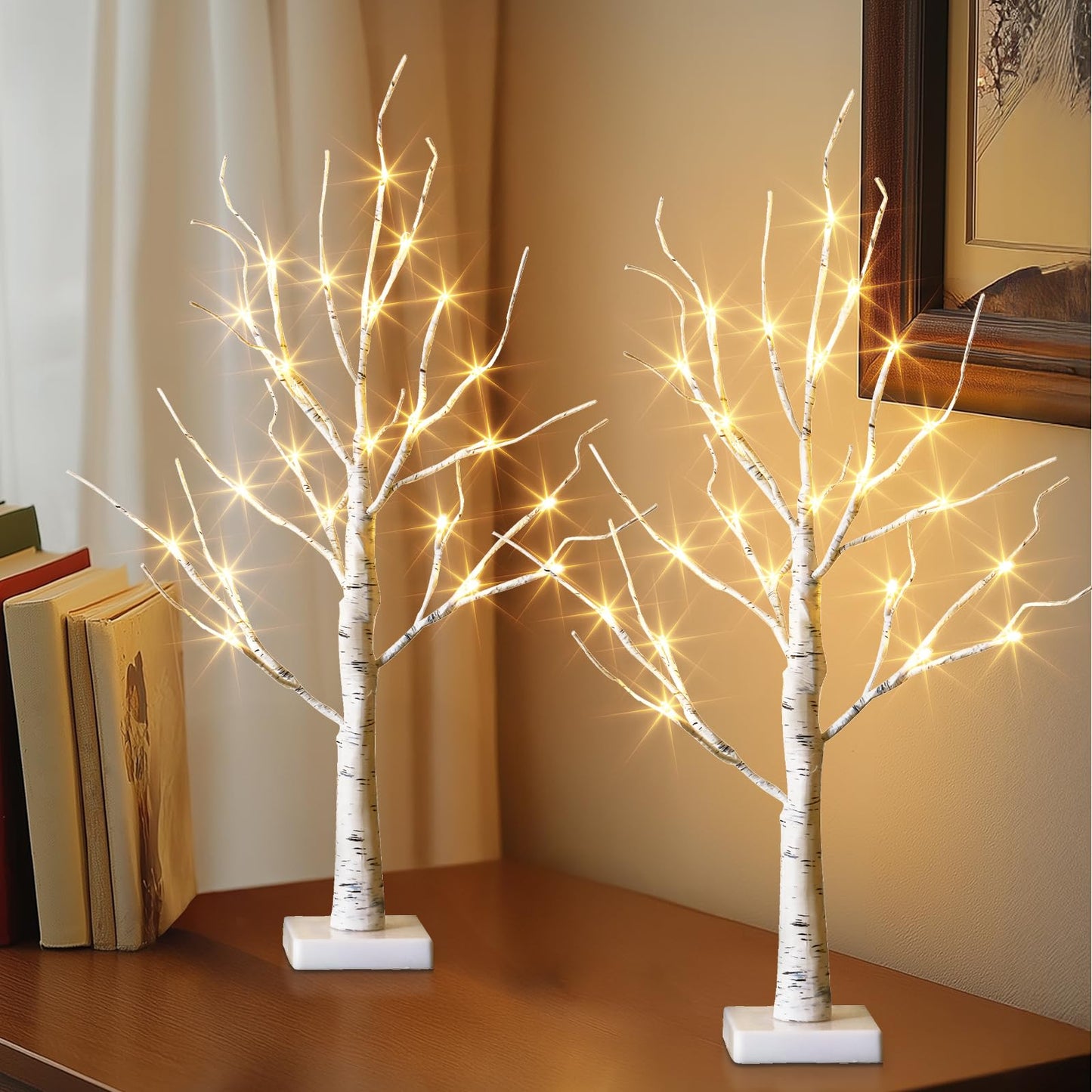 EAMBRITE Lighted Birch Tree Spring Decorations for Home, Christmas Decorations Indoor, 2Pack 24 LED Battery Operated/USB Tabletop Mini Small Artificial White Trees with Lights for Table Mantel (2FT)