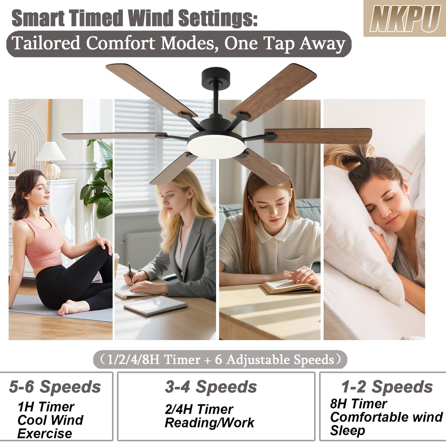 60 Inch Ceiling Fans with Lights, Large Modern Brown Ceiling Fan with Light and Remote Control, 6 Double Sided Blades, 6 Speed Reversible Motor, Dimmable LED, Silent Timing, Indoor Outdoor Patio Use