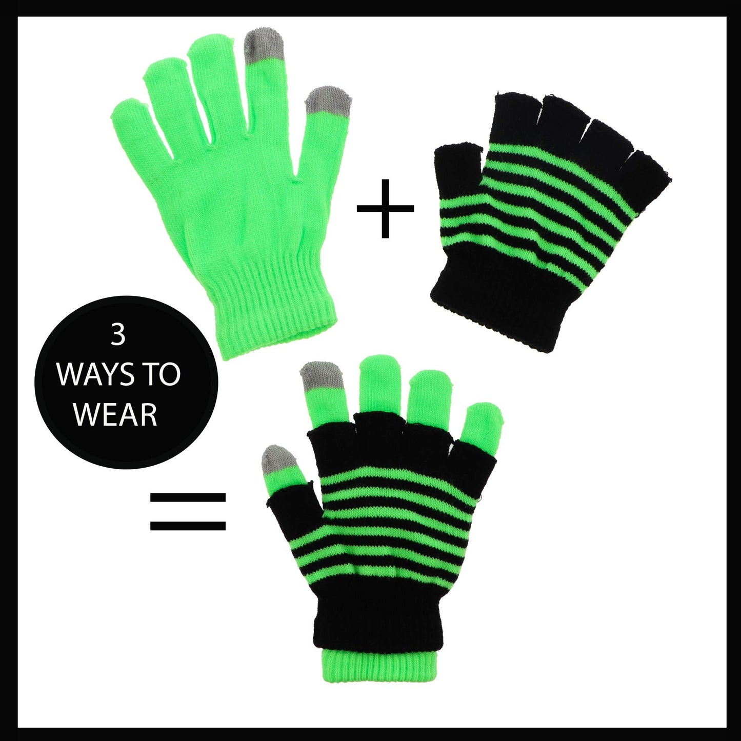 Motique Accessories Knit Fingerless and Regular Touchscreen Ladies Gloves Neon Stripes - 2 in 1 - Green