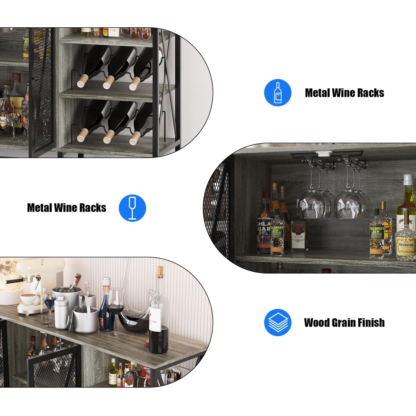 Garvee Farmhouse Wine Bar Cabinet with Wine Rack and Glass Holder, Rustic Coffee Bar with Led Light, Metal Sideboard and Liquor Table Cabinet with Mesh Door for Living Room, 55.12", Dark Grey