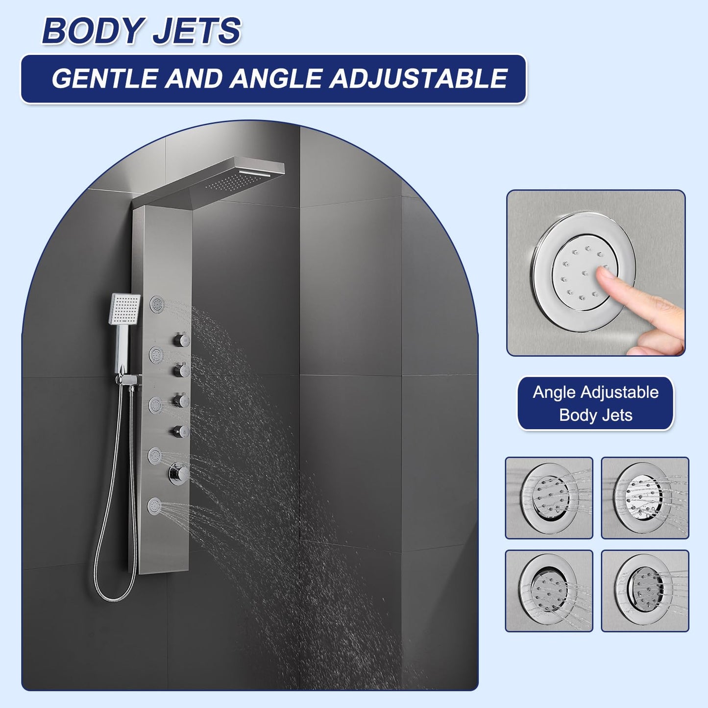ROVATE Rainfall Waterfall Shower Tower Panel System, 304 Stainless Steel Bathroom Shower Panel Tower with 5 Body Sprays and Flexible Handheld Shower, Shower Column Wall Mount, Delicate Brushed Finish