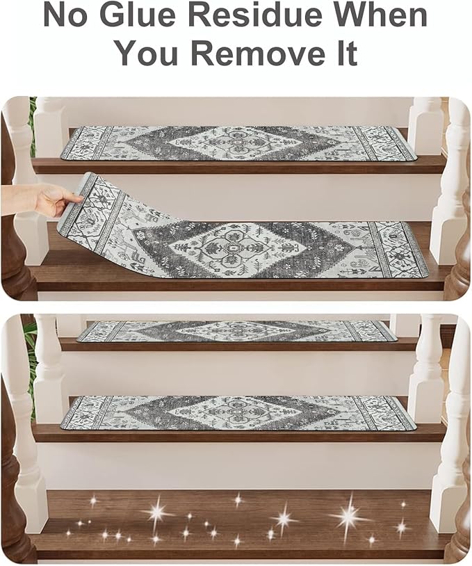 OJIA Extra Non-Slip Stair Treads for Wooden Steps, 30"X8" Indoor Stair Runners Slip Resistant Stair Rugs Safety Mats for Dogs, Kids & Elders, Rubber Backed Stair Treads Stair Covers (15PC, Gray)