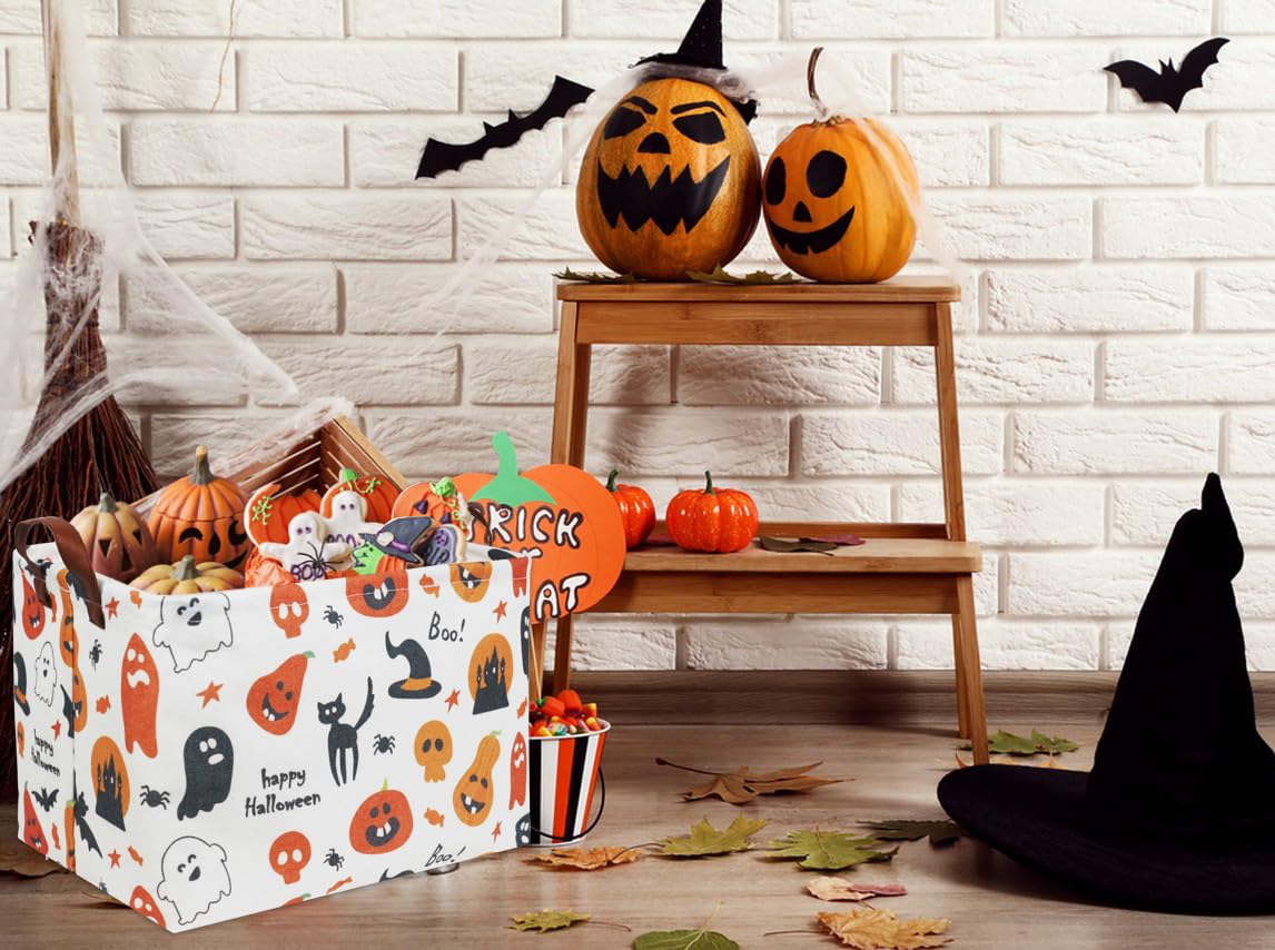 HIYAGON Trick or Treat Basket for Boys and Girls - Pumpkin Basket for Halloween Parties - Cute Storage Bin Organizer Box - Rectangular Room Decor