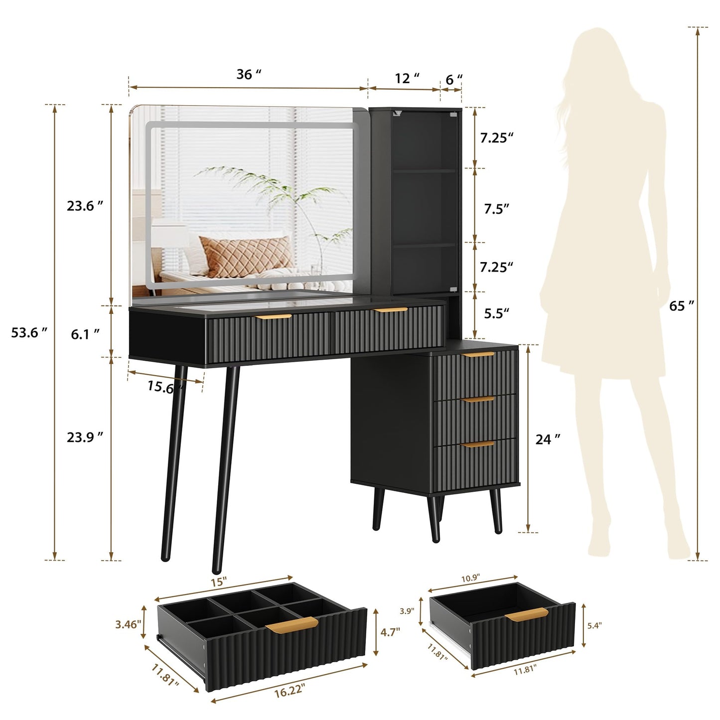 GarveeTech 48" Makeup Vanity Table, with 5 Drawers & 3-Tier Shelves, Fluted Vanity Desk with 36" Lighted Mirror, Charging Station, Wood Dressing Table with Glass Top, for Bedroom