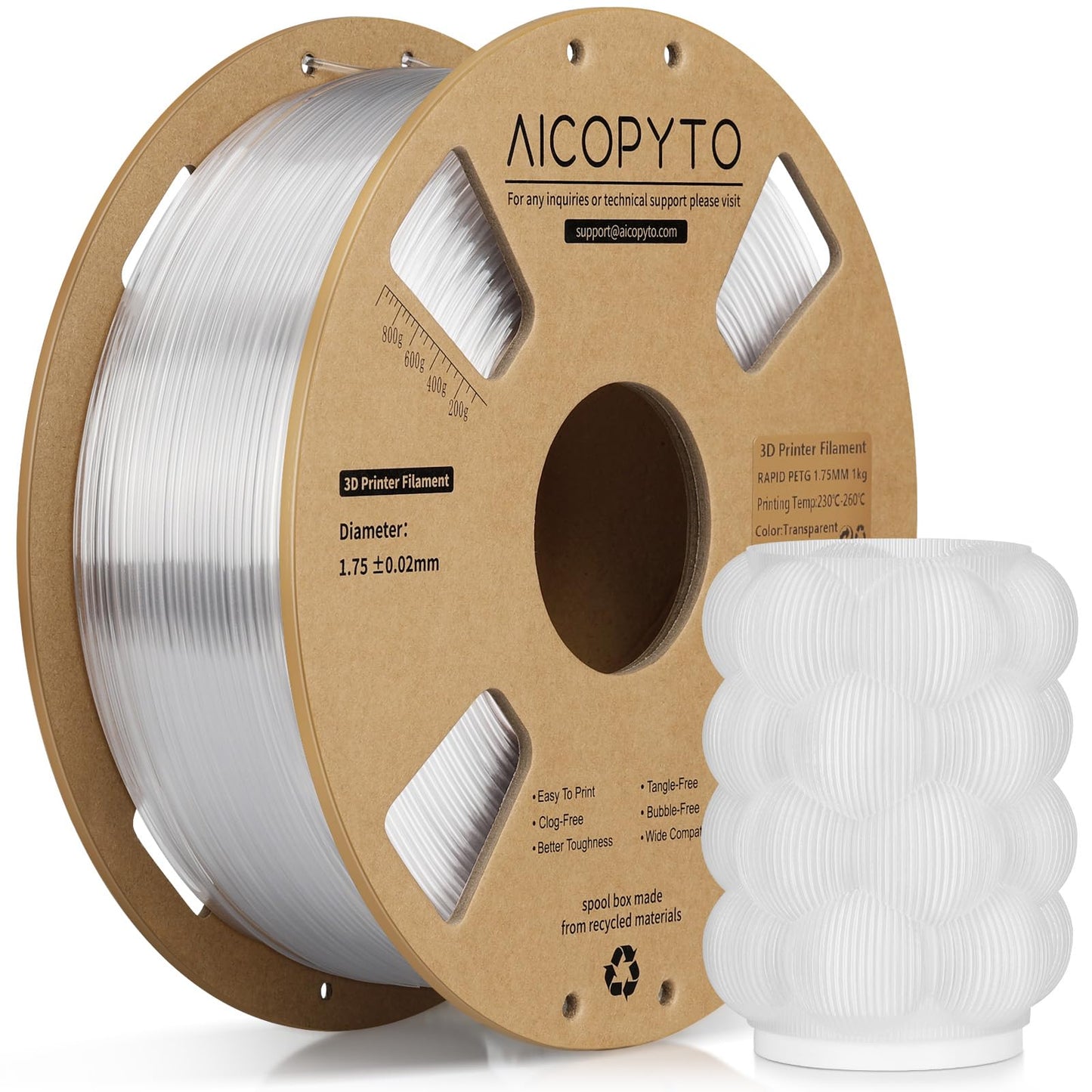 AICOPYTO Rapid PETG Filament 1KG Clear, High Speed 30-600mm/s 3D Printer Filament PETG 1.75mm Dimensional Accuracy +/- 0.02mm, 1