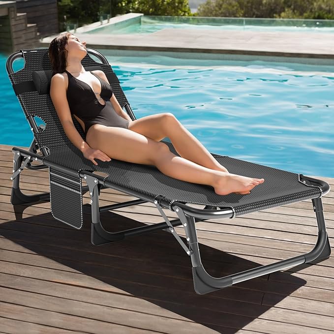MOPHOTO Folding Chaise Lounge Chair 5-Position, Folding Cot, Heavy Duty Patio Chaise Lounges for Outside, Poolside, Beach, Lawn, Camping