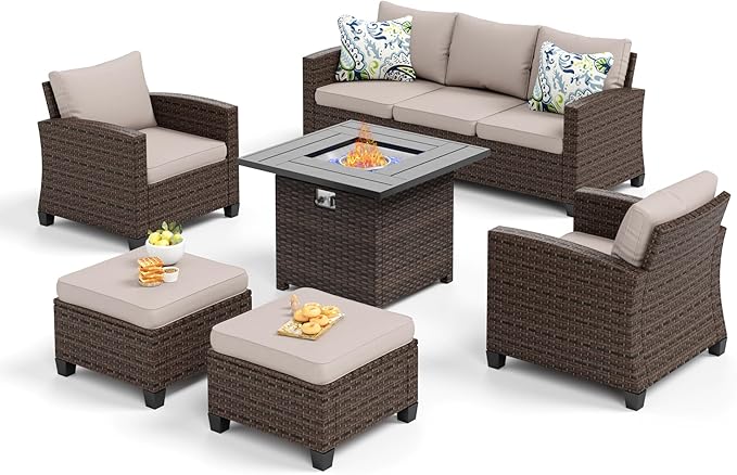 SUNSHINE VALLEY Patio Furniture Set Outdoor Furniture Brown Wicker Rattan Patio Conversation Sets with Cushion Outside Sofa Set,5 Pieces with Firepit Table,7 Seats,Beige