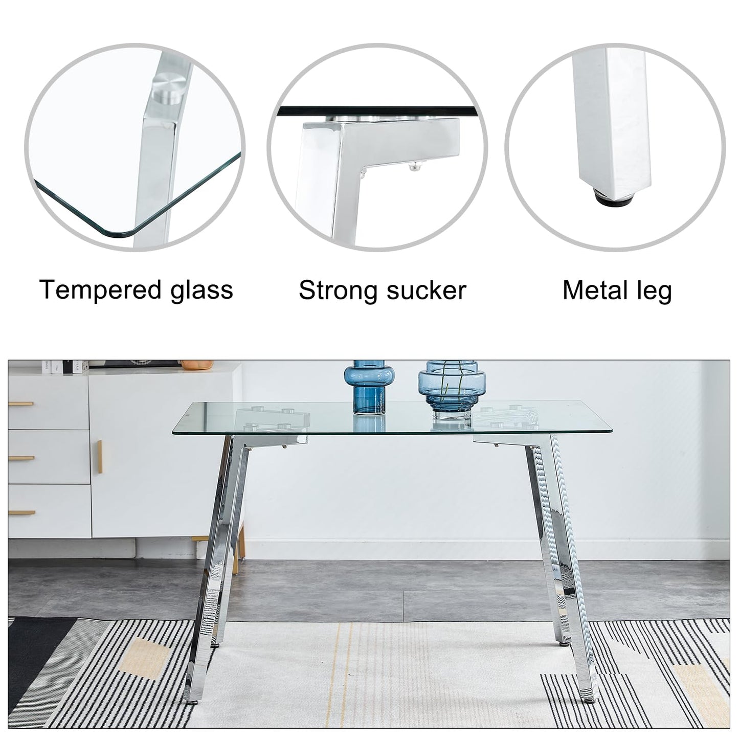 Glass Dining Table Set for 4,Rectangle Dinner Table with 4 White Leather Kitchen Chairs,51 in Kitchen Room Dining Set,0.31” Tempered Glass Table Top with Silver Metal Legs,4 Dining Chairs
