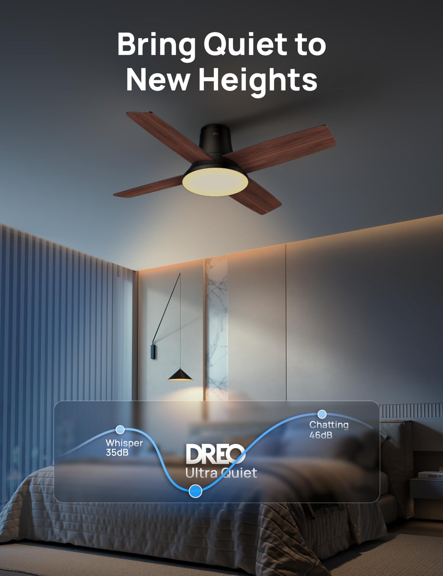 DREO Ceiling Fan, 44 Inch Low Profile Ceiling Fan with Light and Remote, 5CCT LED, 6-Level Dimmable, 6-Speed, Reversible Motor, Quiet, Timer, Easy-Install, Black Flush Mount for Bedroom