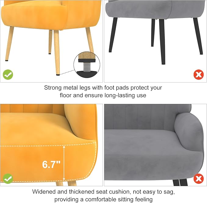Holiway Velvet Accent Chair, Mid Century Modern Accent Chairs for Living Room, Comfy Upholstered Armchair with Metal Legs for Bedroom/Apartment/Office/Waiting Room, Yellow