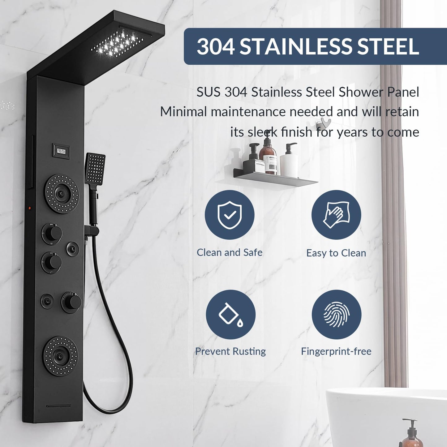 BATHLAVISH 6 in 1 Shower Panel Tower System, Rainfall Shower Panels Set w/LED and Digital Display Stainless Steel Shower Tower with Waterfall Tub Spout 2-Type Massage Jets Handheld Head Matte Black