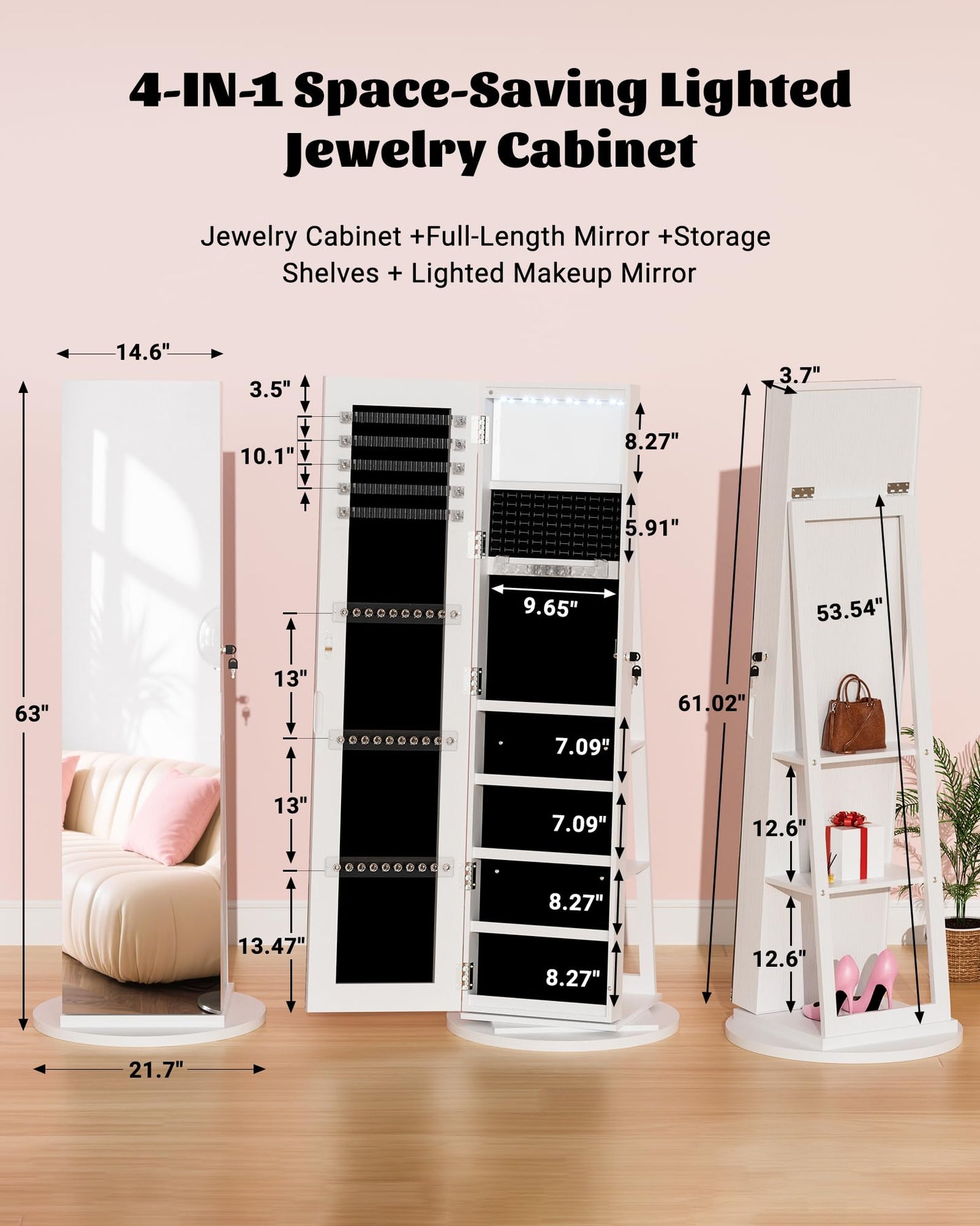 FAVSH 6 LEDs Jewelry Armoire with Frameless Full-Length Mirror, 360° Swivel Jewelry Cabinet Standing with 3 Back Shelves, Jewelry Organizer with Storage Lockable for Women Gift, White