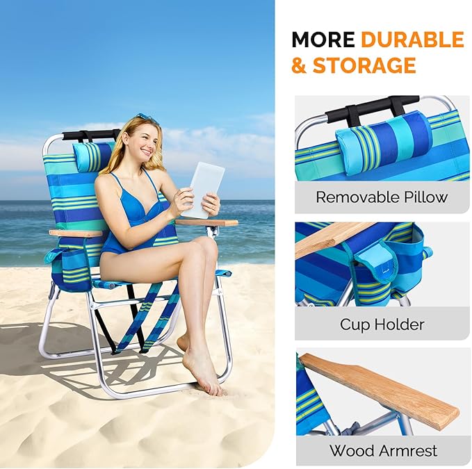 VINGLI Aluminum 17" Backpack Beach Chair – Tall Beach Chairs for Adults, Portable with Adjustable Straps, 3-Position Reclining, Cup Holder, High Lightweight Beach Chairs for Beach