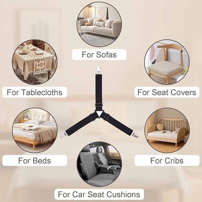 4pcs Bed Sheet Straps Holders, Adjustable Non Slip Elastic Bedsheet Grippers Triangle Mattress Suspenders, Keep in Place Fitted Bed Sheet Holders for Corners, Sofa Cushion, Mattress Cover Straps Black