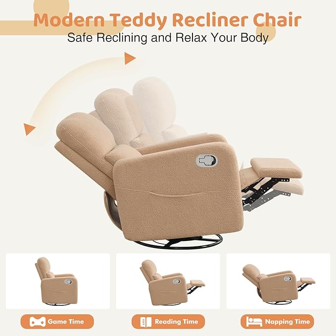 AEMEIOS Swivel Rocker Recliner, Oversized Manual Boucle Nursery Glider Rocking Recliner Chair with Removable Cushion, Upholstered Swivel Reclining Chair for Nursery Living Room Bedroom,Teddy Camel