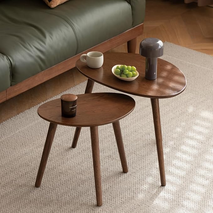 Vadisun Small Oval Nesting Table, Mid Century Coffee Tables for Living Room,Solid Oak Wood Side Table,Triangle Tabletop with 3 Legs,Minimalist Display End Tables (Walnut Color, Combine)