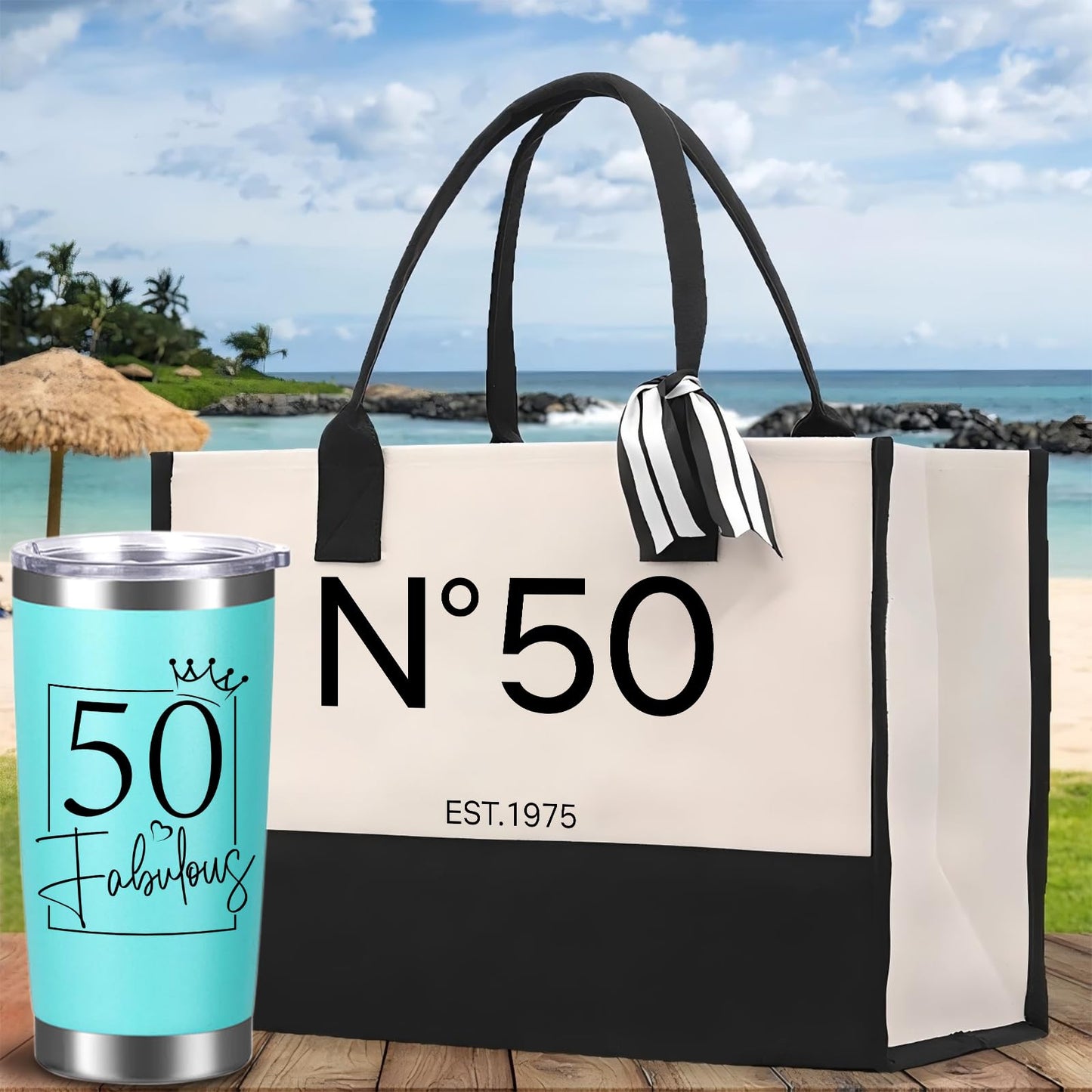 50th Birthday Gift Set for Women Her – No.50 Vintage 1975 Tote Bag, Makeup Bag & 20oz Tumbler – Elegant Birthday Present for 50th Years Old Mom, Wife, Sister, Friends