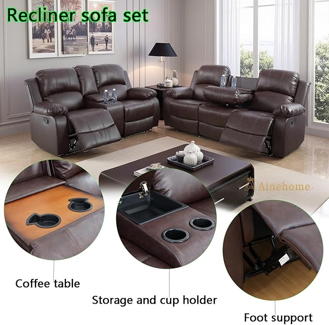 A Ainehome Living Room Furniture Set Leather Recliner Sofa Set Loveseat Chair Furniture Sofa Set for Living Room/Small Space/Rv/House/Office/Theater Seating (A-Brown Leather, Sofa+Loveseat)