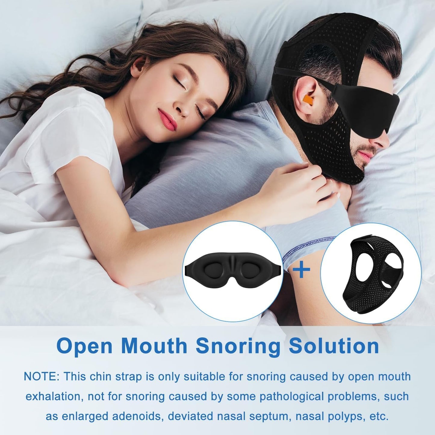 Chin Strap for Sleeping, Anti Snoring Devices Comfortable Effective Stop Snoring Solution, Snore Stopper Breathable, Anti Snore Chin Strap Adjustable Velcro, with Eye Mask, Black 001