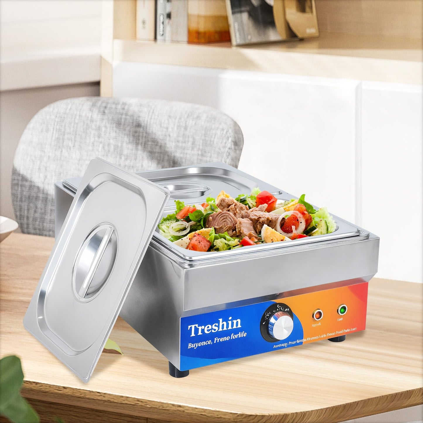 Treshin 2 Pan Commercial Food Warmer, Stainless Steel Bain Marie Food Warmers Steam Table 15 Qt 1200W with Temperature Control & Lid for Home, Catering, Restaurants