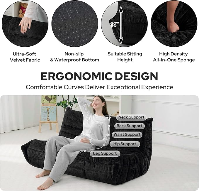 HABUTWAY Bean Bag Chair, Giant Bean Bag Chairs for Adults, Loveseat Fireside Chair, 2 Seater Lazy Bean Bag Sofa Memory Foam Couch for Living Room, Bedroom, Office (Black)
