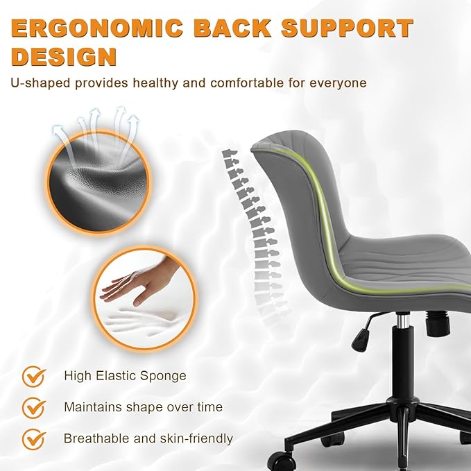 VATROS Office Chair, Armless Desk Chair with Wheels, Ergonomic Comfy Home Office Computer Task Chairs, Faux Leather Padded Cute Vanity Chair, Adjustable Height Swivel Chair with Back,Gray