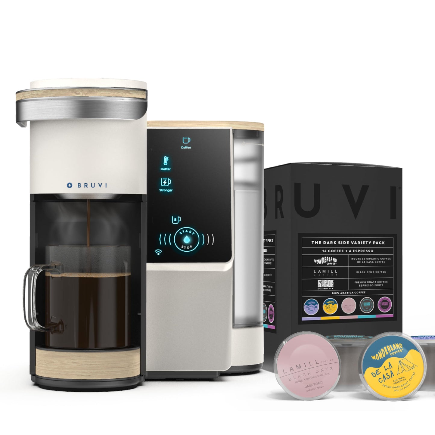 BRUVI Single-Serve Coffee Maker Bundle | Brews Coffee, Espresso, Cold Brew, Matcha Green Tea & More | Includes Brewer + 20 Dark Roast Pods | Touchscreen, WiFi, 70 oz Tank | Cream