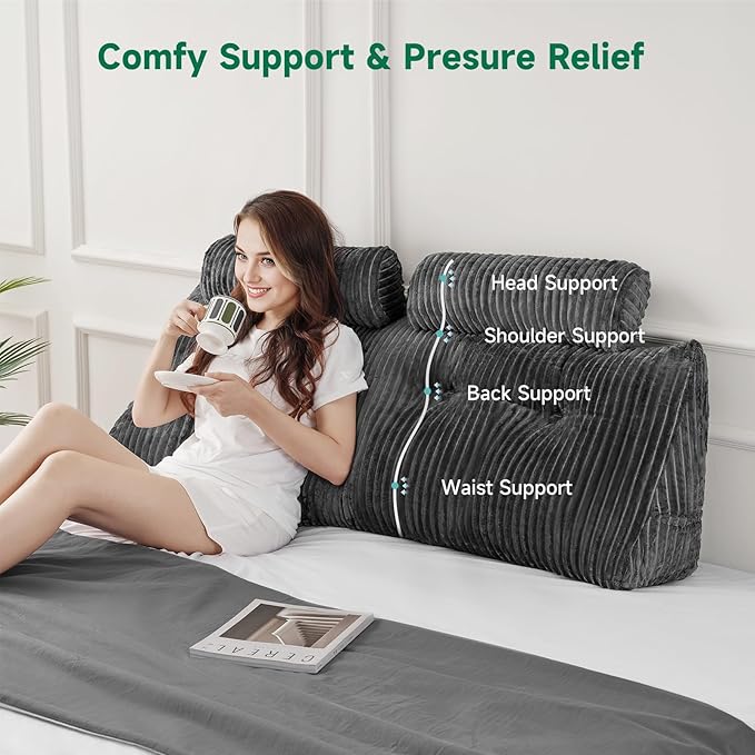 Z-hom Queen Size Wedge Headboard Pillow with 2 Roll Cushions, Large Reading Pillow for Bed Sitting Up, Triangular Backrest Cushion for Headboard, Supportive Pillow for Back Pain Relief, Grey