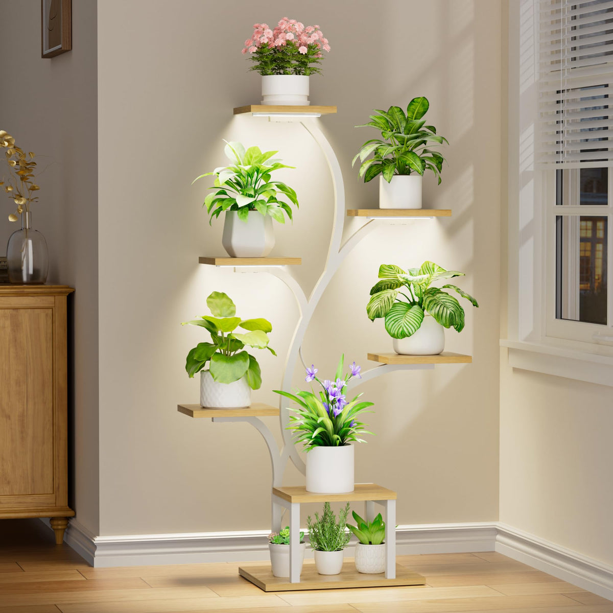 BACEKOLL Plant Stand Indoor with Grow Lights, 7 Tiered Plant Shelf Indoor, 49" Corner Plant Stands for Indoor Plants, Metal Plant Flower Display Shelves, Tree-Shaped Plant Rack for Home, Patio, White