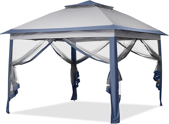GDY 11x11 Pop Up Canopy Tent, Outdoor Canopy with Netting, Outdoor Gazebo for Backyard, Tent with Wheeled Cover Bag, Blue.