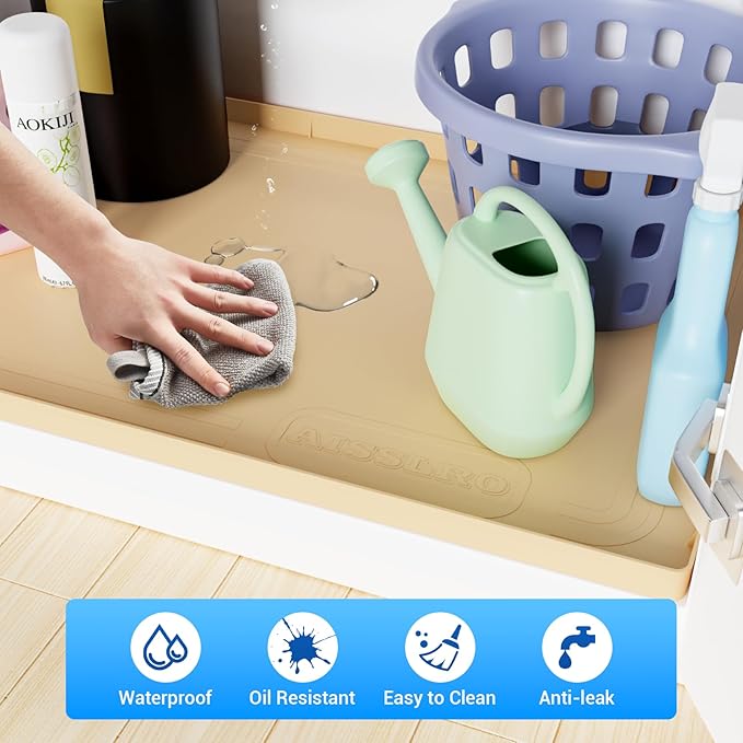 Under Sink Mat 28" X 19", Waterproof Silicone Under Sink Mats for Kitchen, Anti-Leak Shelf Liner & Cabinet Protector with Raised Edge, [BPA Free] Bathroom Tray Home Organizer, Brown